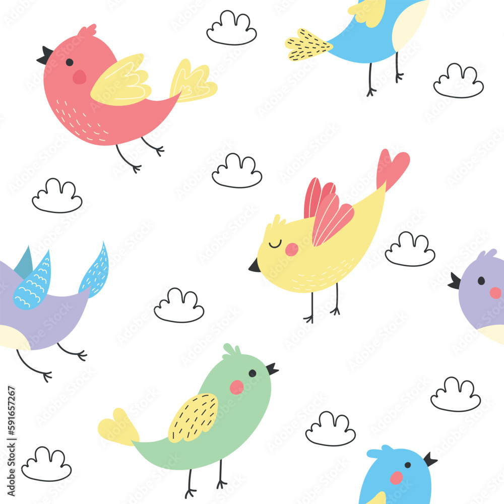 Seamless pattern with small colorful birds. Spring cute birds with red cheeks. Vector illustration of birds for postcards, posters, banners.