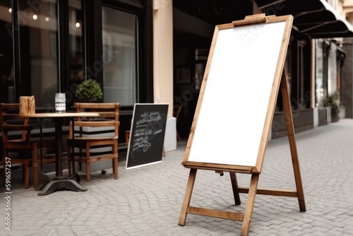 Mockup blank chalkboard menu on the street, outside of store, restaurant. Generative AI