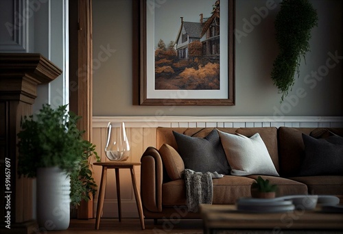 mock up picture frame hanging in the living room, a cozy interior with elegant and lovely wooden furnishings,. Generative AI
