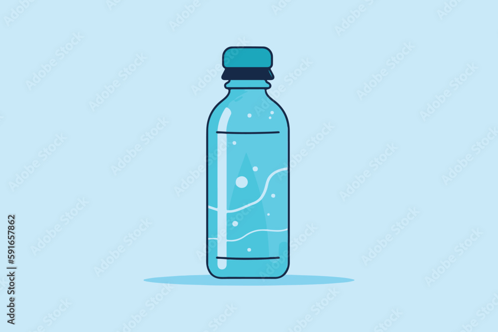 A blue flat water bottle with a blue label that says water  graphic vector illustration 