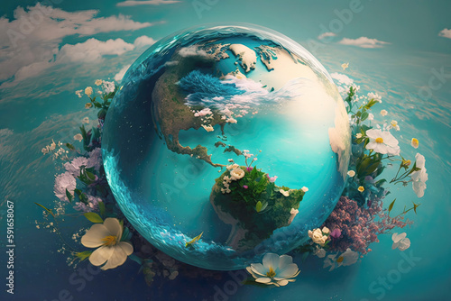 World Earth Day concept with the planet wrapped in flowers that protect it. AI generative.
