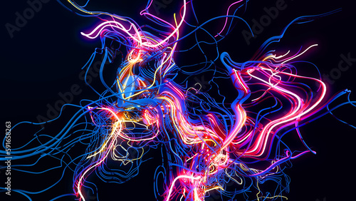 3d render. AI signals. Abstract bg with loopes. Multicolor flash of curved lines. Concept of neural network, artificial intelligence. Running neon lights like garland or lightnings. Curl noise