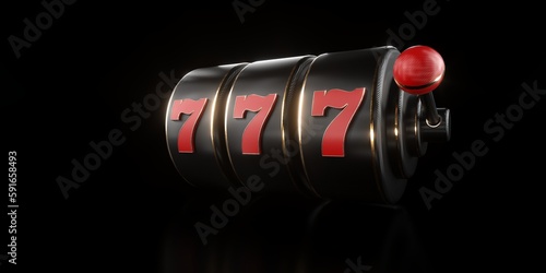 Modern, Futuristic Black Carbon And Golden Slot Machine With Red 777 On Black Background - 3D Illustration