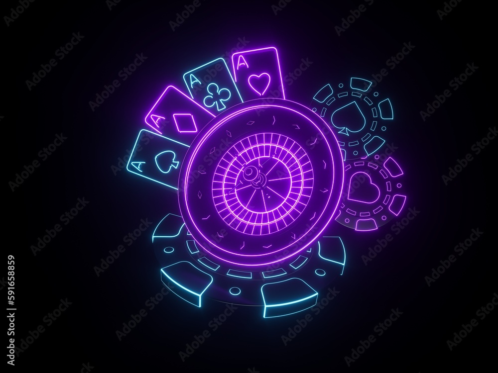 Modern, Futuristic Gambling Concept. Roulette Wheel, Playing Cards And Casino Chips With Glowing Blue And Purple Neon Lights On Black Background - 3D Illustration