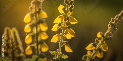 Sunn hemp (also known as chanvre indien or crotalaria juncea) flower up close and personal in a sunny field. Generative AI photo