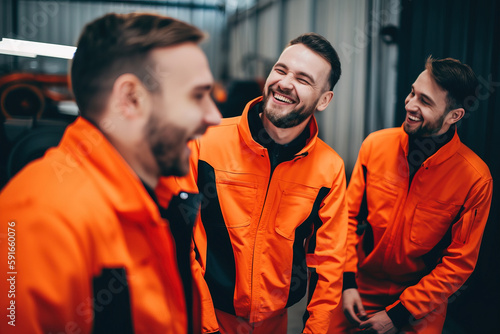 Happy multiethnic factory workers in orange uniforms on Labor Day. photo