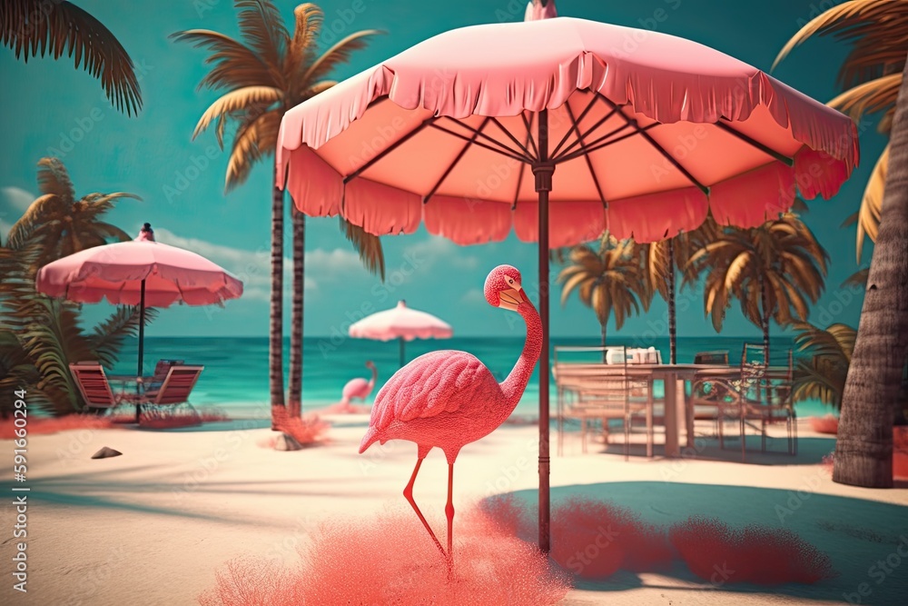 Illustration of seascape with of exotic palms and flamingo under the sun umbrella. Summer card.