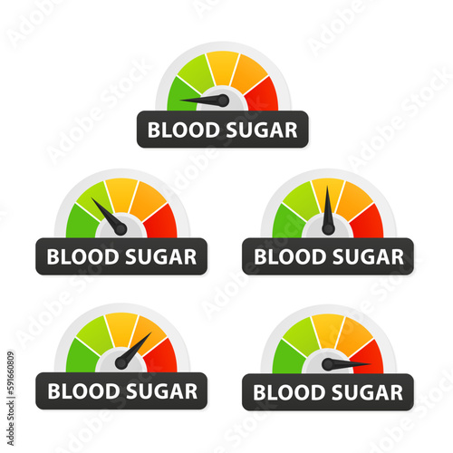 Blood sugar icon on speedometer. High Blood sugar meter. Blood sugar level meter. Increase. Blood sugar level measuring scale. Health care concept. Vector illustration
