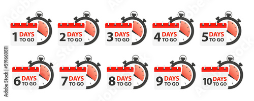 Days ti go. Count time sale. Number of days left. Countdown left days banner. Count down banner template. Nine, eight, seven, six, five, four, three, two, one, zero days left. Vector illustration