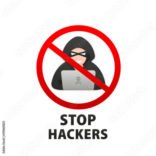 Stop hacker with cross bone forbidden signal icon on white background. Cybercrime technology data privacy and security concept. Spy icon in stop sign. Vector illustration