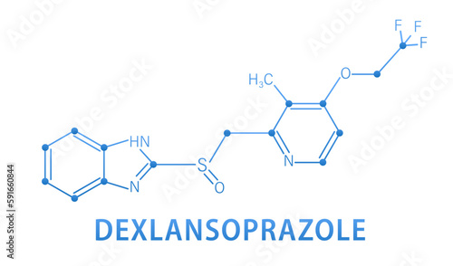 Skeletal formula of Dexlansoprazole gastric ulcer drug molecule. Dexlansoprazole concept chemical formula. Proton pump inhibitor drug used to treat. Vector illustration