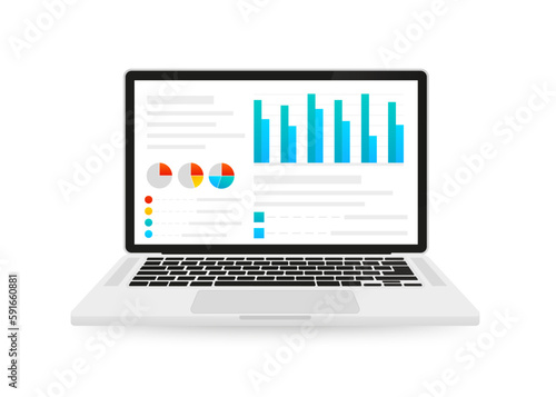 Laptop screens with financial charts and graphs. Diagrams and graphs, analysis of business accounting, concept of statistics. Digital marketing, business analysis. Vector illustration