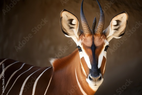 Picture taken up close of a white-striped bongo antelope Generative AI photo