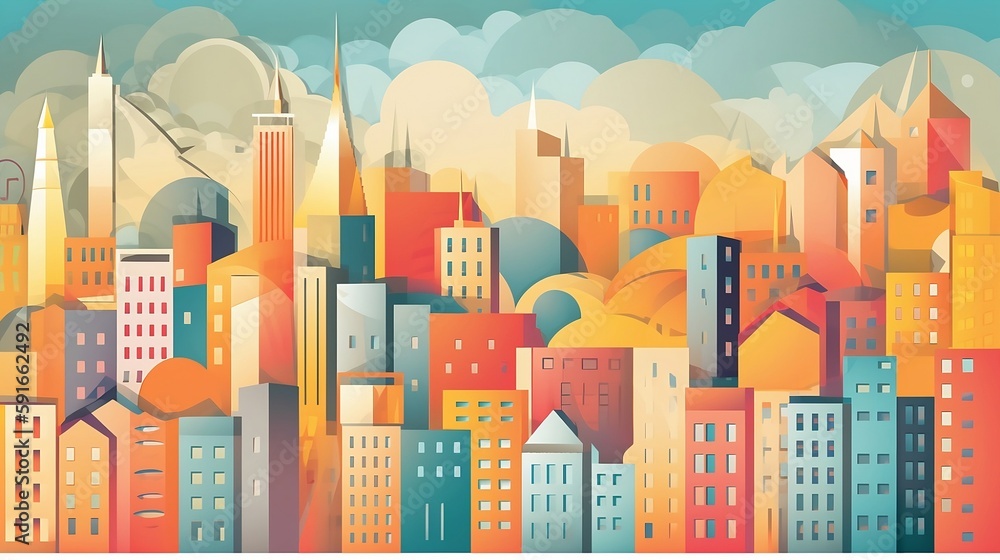 Vibrant Vector City, Town and Country, Abstract Vector Background, City Life, Clean Air, Buildings and Skyscrapers, Created using generative AI.