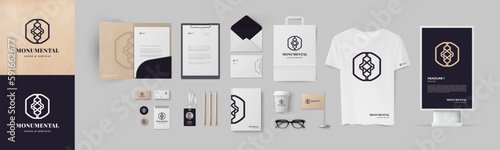 Premium lineart logo and corporate identity template with paperboard background and dark blue color. Branding design mock up.