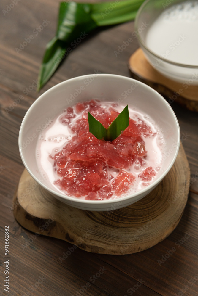 Bubur Pacar Cina or Sago Mutiara Porridge is a special food for the month of Ramadan in Indonesia. selective focus Bubur Pacar Cina or Sago Mutiara Porridge is a special food for the month of Ramadan in Indonesia. selective focus