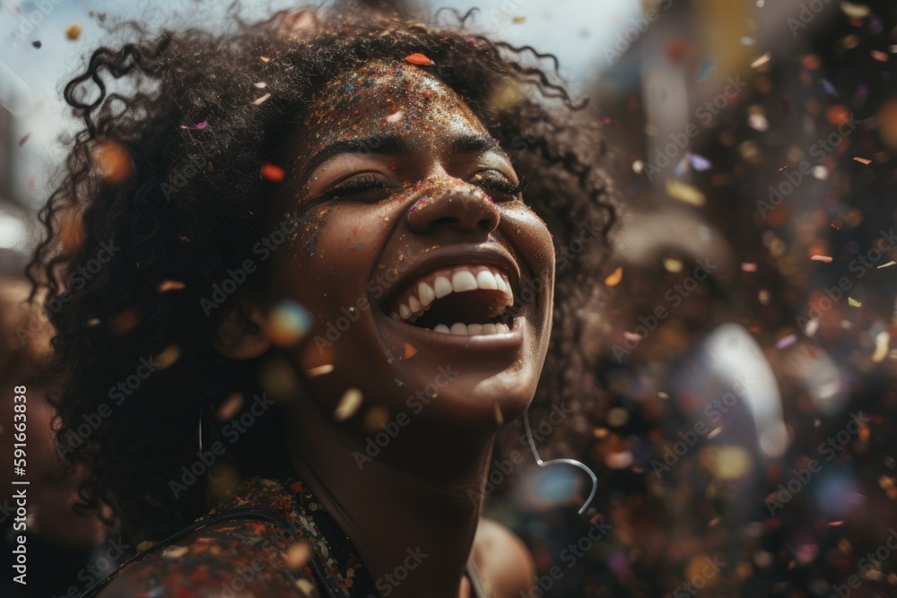 A joyful woman is seen laughing and having a great time while colorful confetti rains down on her at a festival Generative AI A joyful woman is seen laughing and having a great time while colorful confetti rains down on her at a festival Generative AI