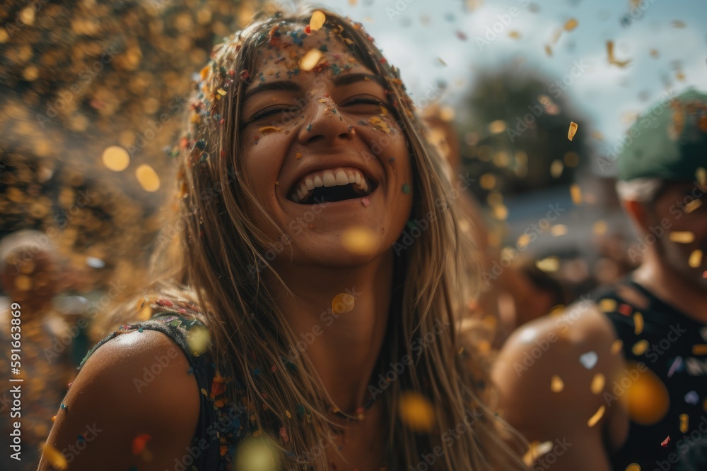 A joyful woman is seen laughing and having a great time while colorful confetti rains down on her at a festival Generative AI A joyful woman is seen laughing and having a great time while colorful confetti rains down on her at a festival Generative AI
