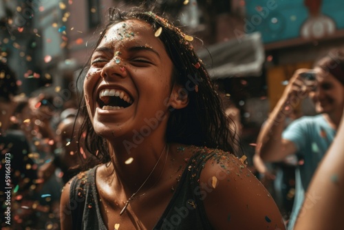  A joyful woman is seen laughing and having a great time while colorful confetti rains down on her at a festival Generative AI © ChaoticMind