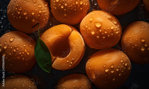 Apricots with water drops on a dark background, Generative AI photo