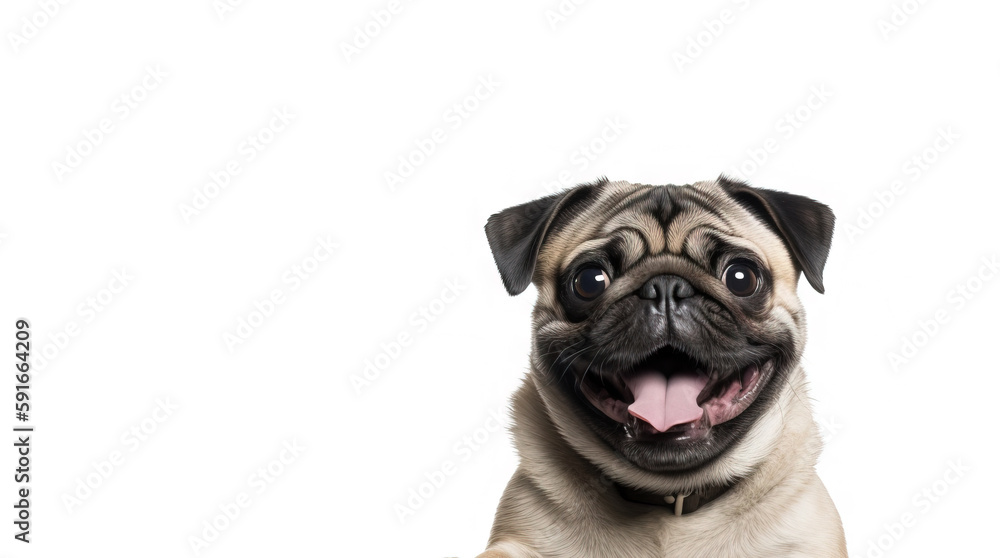 Generative AI, Pure Joy,  Capturing the Playful Spirit of a Cute Pug on White Background.