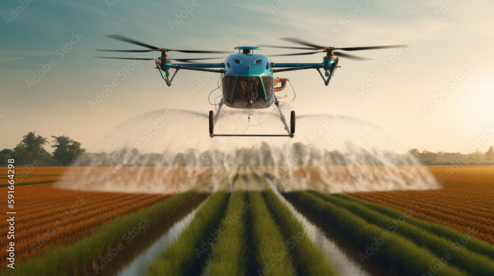 Drone watering field created with generative AI technology Drone watering field created with generative AI technology