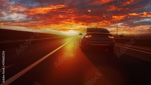 The car runs on the highway with the sun behind. Copy space. Generative AI. 2 © Floren Horcajo
