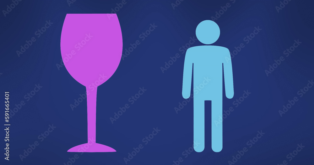 Fototapeta premium Image of purple and blue wine glass and human icons on blue background