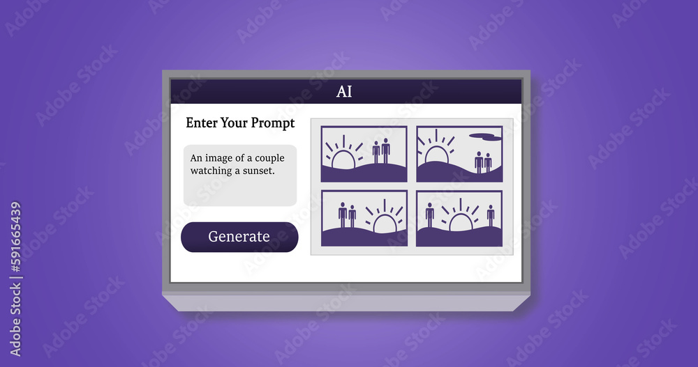 Composition of ai text and icons over laptop screen on purple background Composition of ai text and icons over laptop screen on purple background