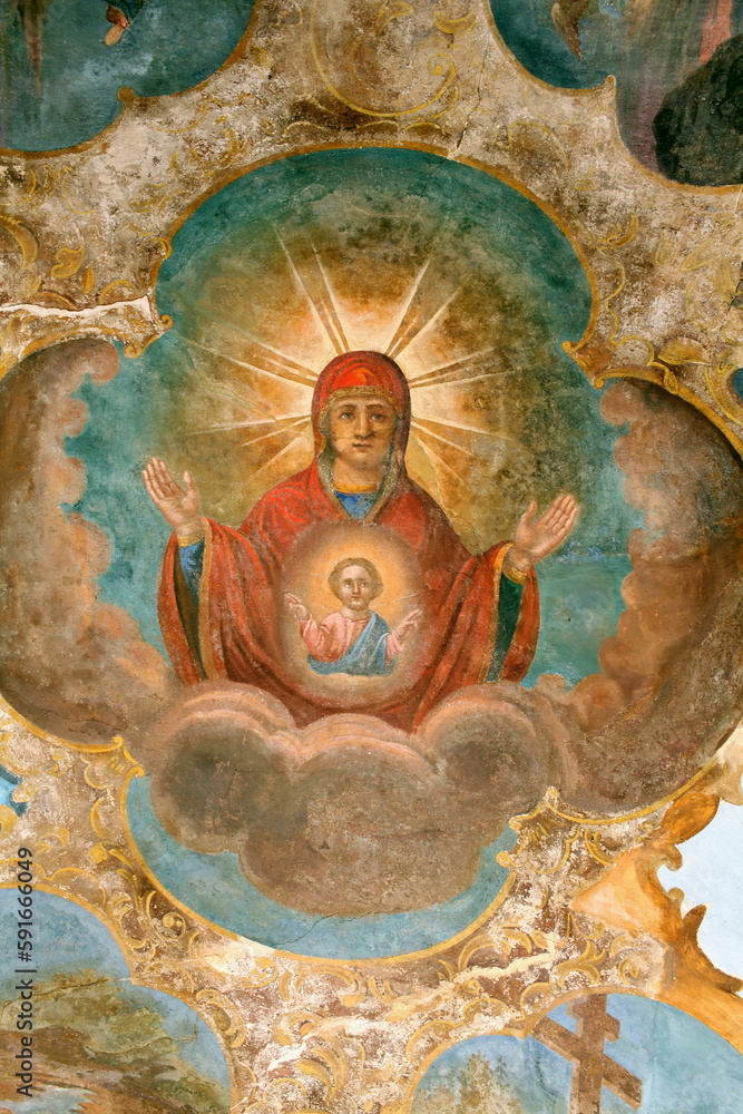 St. Petersburg  Russia  February 19, 2023  Virgin and Child, old fresco on the dome of the temple