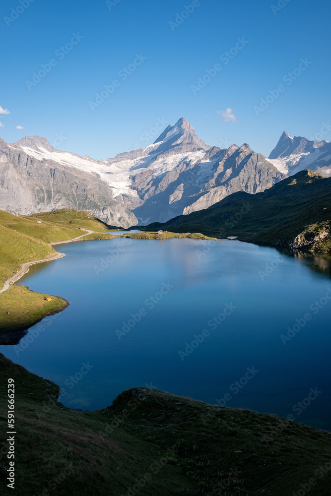 View on Bachalpsee and mountain panorama at dawn