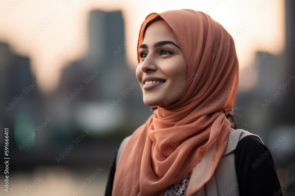 Lifestyle portrait photography of a pleased woman in her 30s wearing hijab against a cityscape background. Generative AI Lifestyle portrait photography of a pleased woman in her 30s wearing hijab against a cityscape background. Generative AI