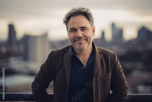 Portrait of a handsome mature man outdoor with city view in the background