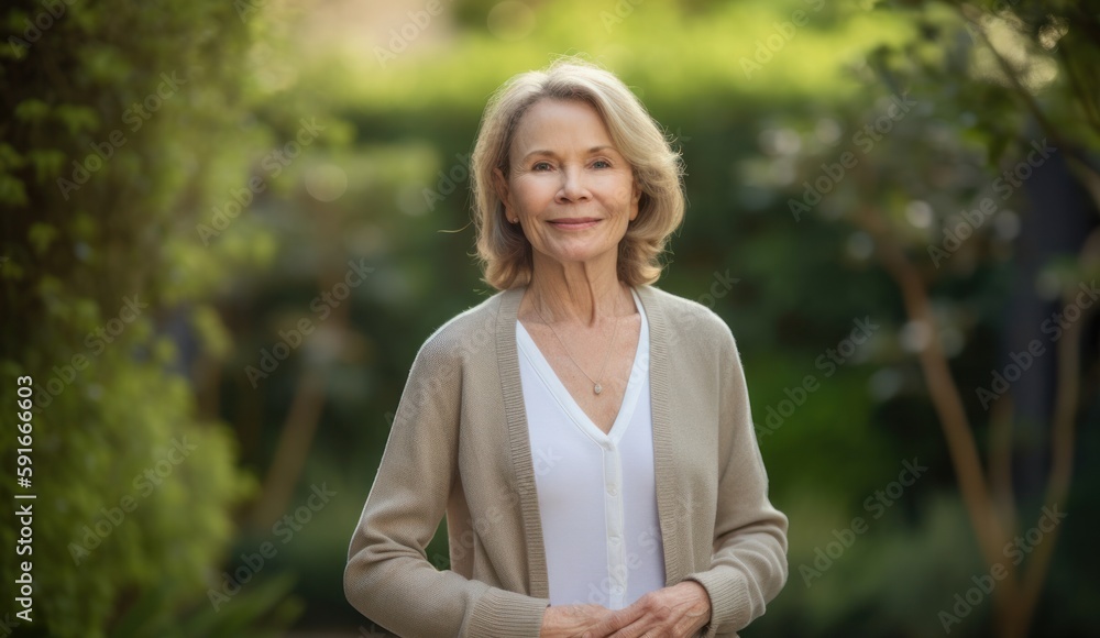 Portrait of smiling senior woman standing in garden and looking at camera Portrait of smiling senior woman standing in garden and looking at camera