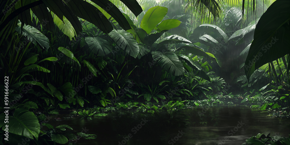 Lake in wild jungle. Heavy rain. Dark tropical forest with exotic plants, palm trees, big leaves and ferns. Scary thicket of the rainforest. Streams of water, wet green vegetation. Generative AI Lake in wild jungle. Heavy rain. Dark tropical forest with exotic plants, palm trees, big leaves and ferns. Scary thicket of the rainforest. Streams of water, wet green vegetation. Generative AI
