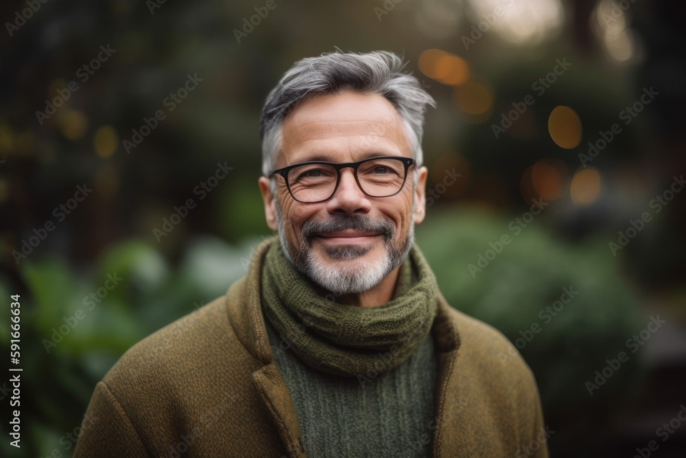 Φωτογραφία Lifestyle portrait photography of a grinning man in his 50s wearing a cozy sweater against a garden or botanical background