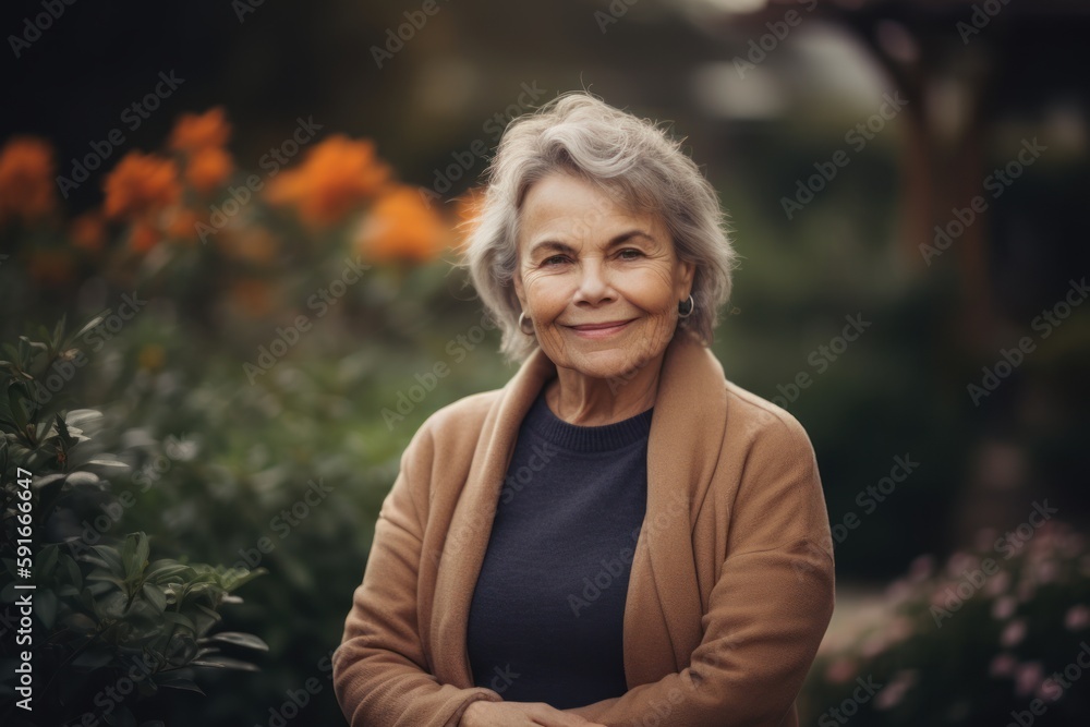 Portrait of smiling senior woman standing in the garden. Mature woman with gray hair. Portrait of smiling senior woman standing in the garden. Mature woman with gray hair.