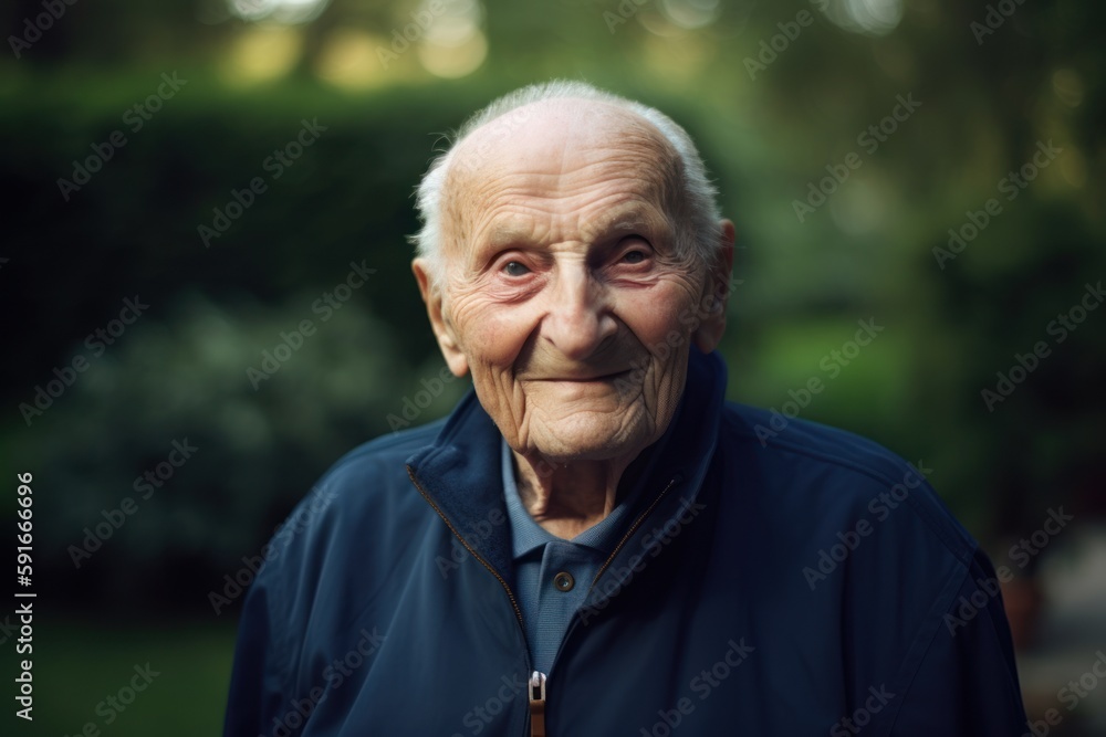 Medium shot portrait photography of a satisfied elderly 100 years old man wearing a comfortable tracksuit against a garden or botanical background. Generative AI