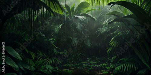 Jungle during heavy rain. Dark tropical forest with exotic plants, palm trees, big leaves and ferns. Scary thicket of the rainforest. Streams of water, wet green vegetation and ground. Generative AI