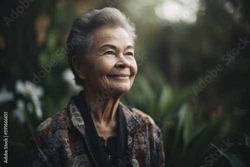 Portrait of smiling senior asian woman looking at camera in the garden