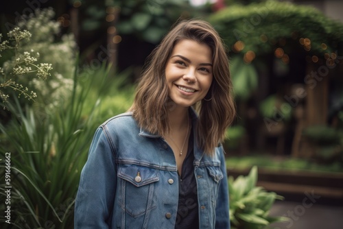 Portrait of a beautiful young woman in a denim jacket in the garden