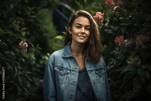 Portrait of a beautiful young woman with long brown hair, wearing a denim jacket and posing in the garden.