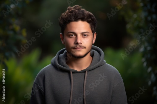 Portrait of a handsome young man with curly hair in a park