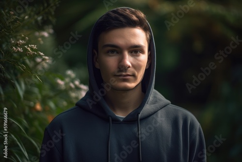 Portrait of handsome young man in black hoodie looking at camera