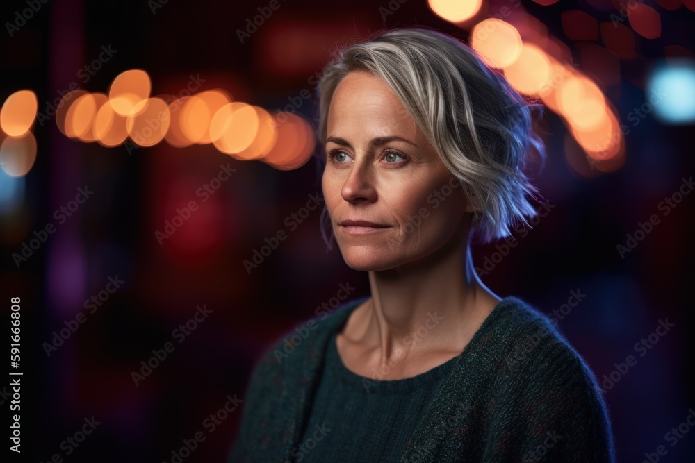 Portrait of a beautiful middle-aged woman with short blond hair in a green sweater on a background of a night city. Portrait of a beautiful middle-aged woman with short blond hair in a green sweater on a background of a night city.