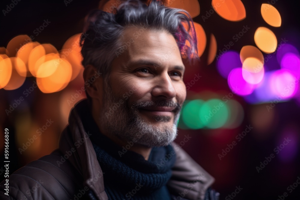 Portrait of a handsome middle-aged man in the city at night Portrait of a handsome middle-aged man in the city at night