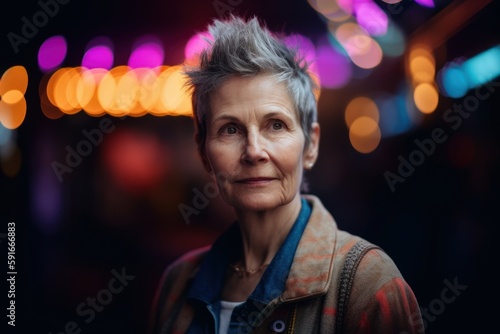 Portrait of an elderly woman in the city at night with bokeh lights