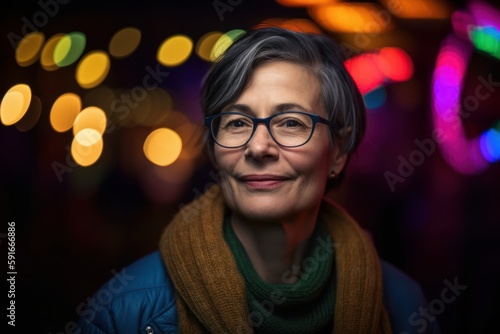 Portrait of a beautiful middle-aged woman with glasses in a night city