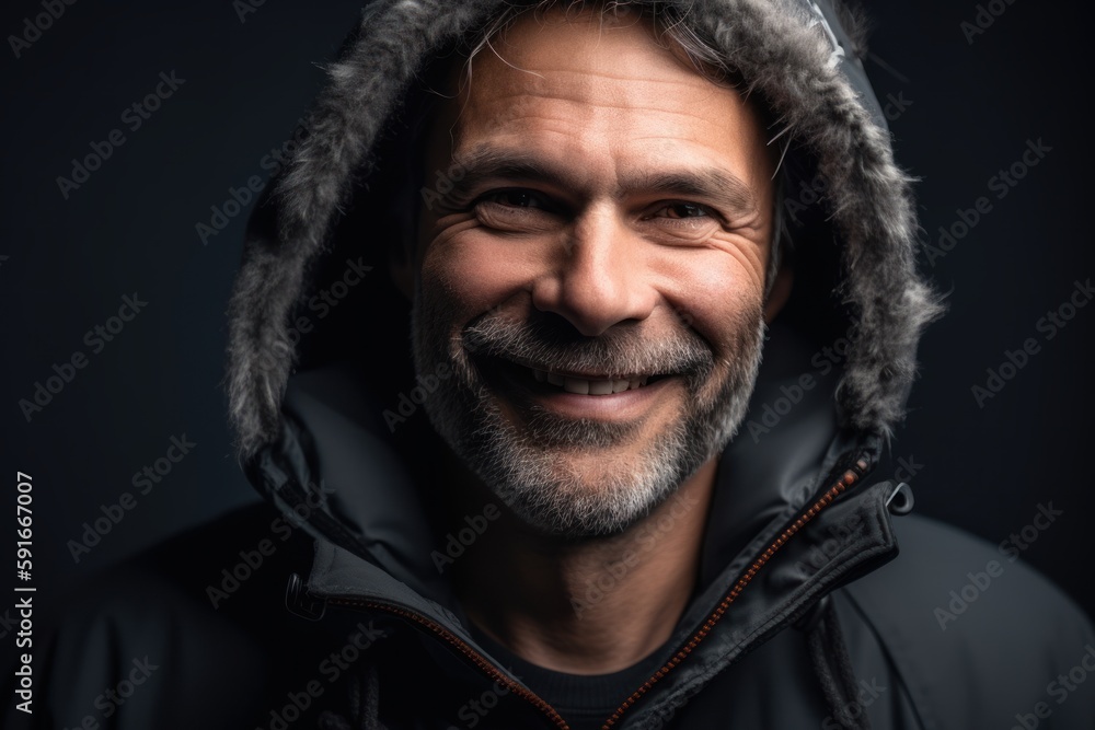Portrait of a smiling mature man in winter jacket on black background Portrait of a smiling mature man in winter jacket on black background