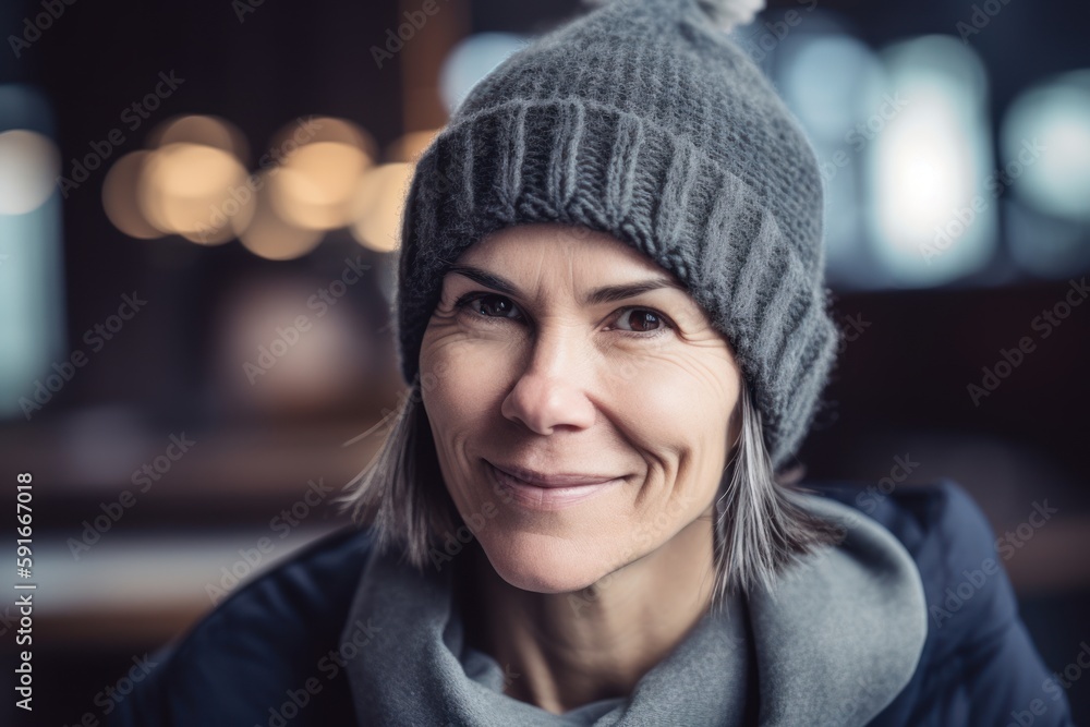 Portrait of a smiling woman in a hat and scarf in a cafe Portrait of a smiling woman in a hat and scarf in a cafe